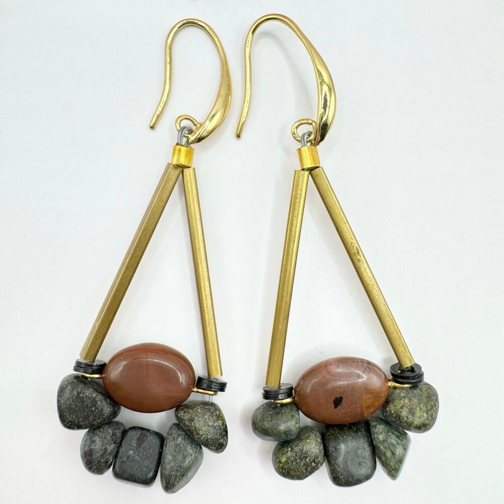 Serpentine Agate Nugget Brass Dangle Earrings Designer Geometric Chic Elegant